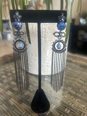 Blue Crystal Tassel Drop Earrings with Black Metal Finish
